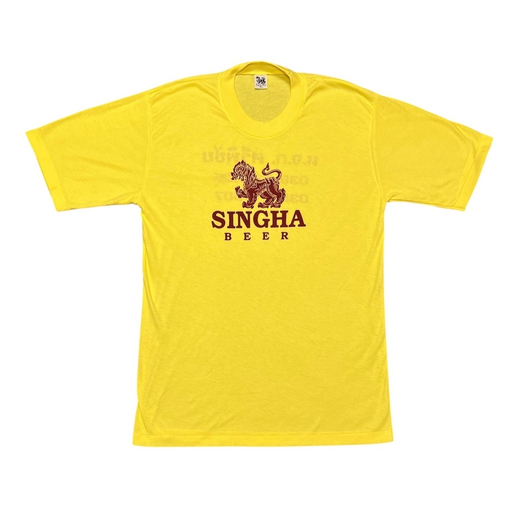 Vintage SINGHA Beer T-Shirt - Product of Thailand - Yellow w/ Burgundy Logo